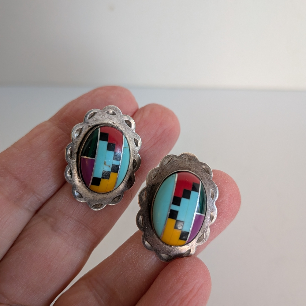 Native American Mosaic Sterling Silver stud earrings Turquoise South Western